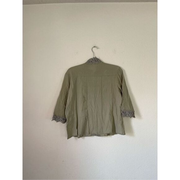 Favlux Green Striped Floral Embroidered 3/4 Sleeve Button Down‎ - Picture 2 of 8